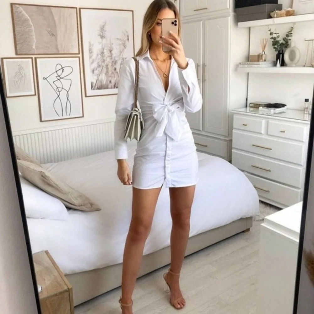Zara | Dresses | Zara White Knot In Front Sexy Long Sleeve Deep V Collared  Dress Size Small | Poshmark
